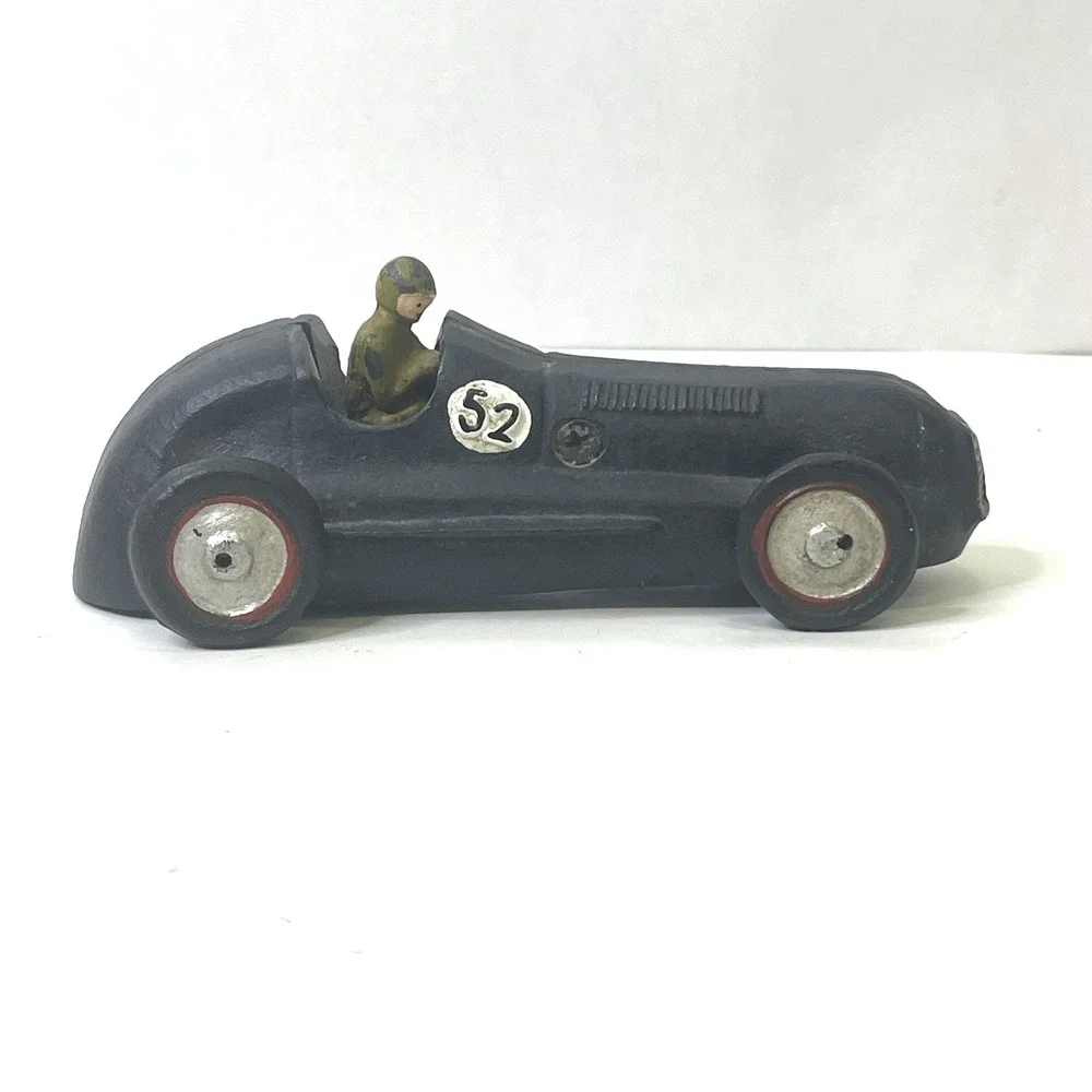 Vintage Cast Iron Streamline Race Car w/‎ Driver #52 Black Repro Hubley Style